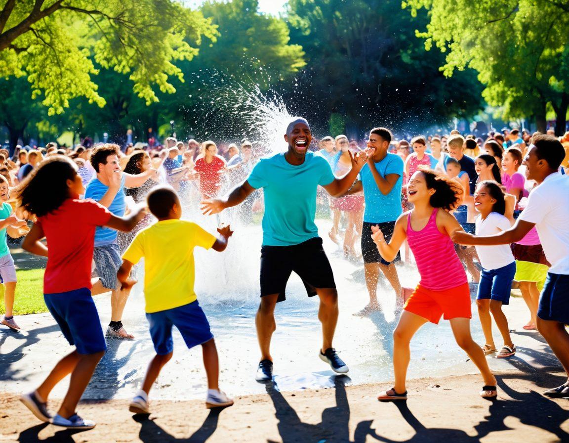 A humorous scene at a crowded park with people laughing and splashing water at each other, illustrating various social interactions. Include a diverse group of friends making funny faces while dodging splashes, with children playing in the background. Capture the chaotic yet joyful atmosphere with vibrant summer colors. cartoonish style. vibrant colors. dynamic composition.