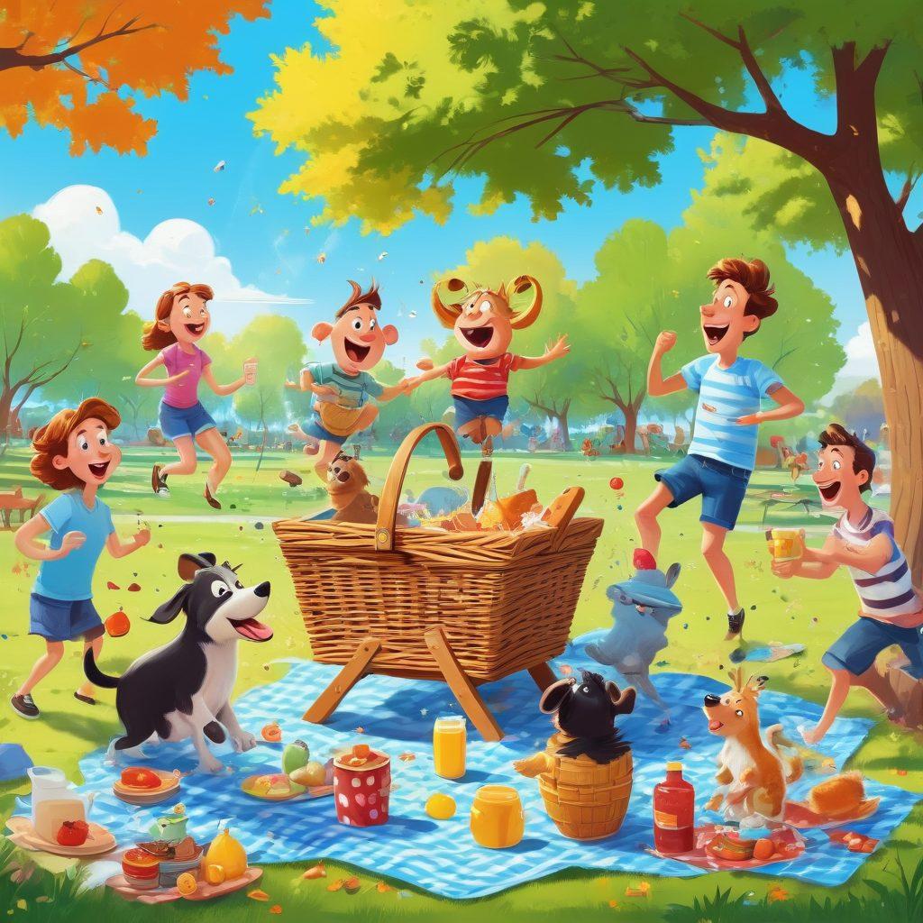 A cartoon scene depicting a comical outdoor picnic with people falling over a picnic basket, drinks splashing everywhere, and animals playfully causing chaos. Bright colors and exaggerated expressions on the characters' faces highlight their hilarious misadventures, set in a sunny park background with trees and a blue sky. playful, cartoon style, vibrant colors.